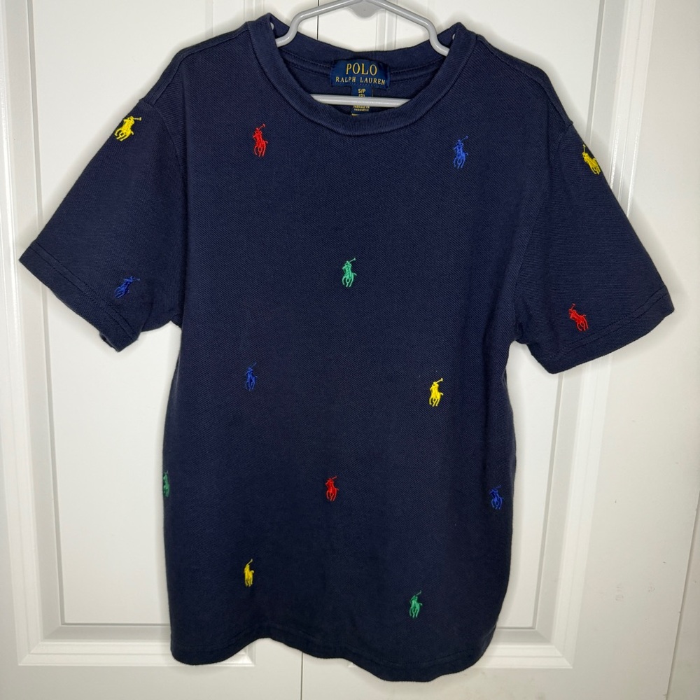 Polo Ralph Lauren Boys Small 8 All Over Pony Mesh T-shirt Navy Blue Kids EUC